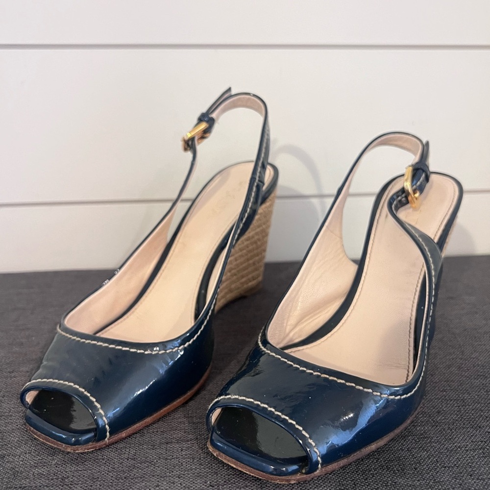Prada Navy Blue Patent Leather Peep Toe Wedges Slingback Sandals Size 37 6.5 US